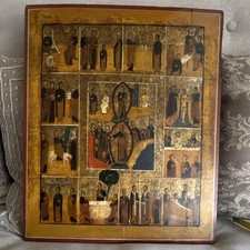 Antique Large Orthodox Christian Icon Painted Panel with Multiple Saint Scenes. picture