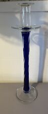 Vintage Cobalt Blue Glass Tall Twisted Candle Stick Holder 13.5” picture