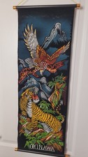 Vintage Okinawa Japan Souvenir Wall Scroll Black Velvet Eagle Tiger Art Hanging picture