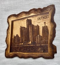 Detroit Michigan Skyline Wood Souvenir Plaque 3D Relief Renaissance Center Art picture