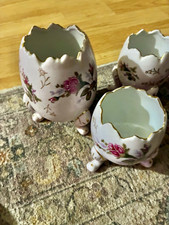 Set of 3 Floral Ceramic Egg Planters White Pink Gold Trim Glossy Finish picture
