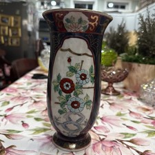 ANTIQUE HAND PAINTED HEAVY CHINESE VASE 8.5 TALL MULTI FLORAL DESIGNS TWO-SIDED picture
