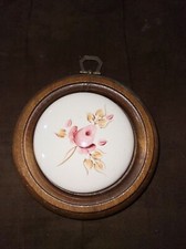Vintage Wood Framed Round Ceramic Wall Hanging Art Floral Handpainted Rose 5” picture