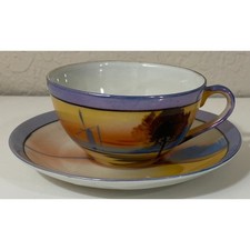 Vintage Chikaramachi Lusterware Teacup Saucer Set Windmill Tree Blue Trim Japan picture