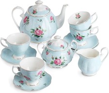BTaT- Floral Tea Set Tea cups 8oz Tea Pot 38oz Creamer and Sugar Set Gift picture