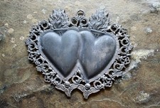 Vintage GPM ZINN Pewter Flaming Hearts Milagro Ornament Rare Lg Double Heart picture