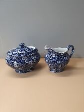 STAFFORDSHIRE CALICO BLUE  CROWNFORD STAMP  MINI CREAMER AND SUGAR BOWL WITH LID picture