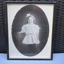 Antique c1910 Framed Little Girl Portrait Photo Oval 12x15 1900s B&W picture