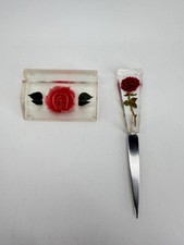 Vintage Clear Acrylic Red Rose Letter Opener and Card Holder Floral Desk Set picture