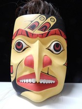 VINTAGE NW COAST  HAND CARVED + PAINTED MASK - HORSEHAIR - CLEAN + NICE picture