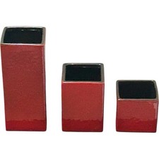 VTG Set of 3 MCM Square Ceramic Vases Glazed Red Black Cube Planter Decor EUC picture
