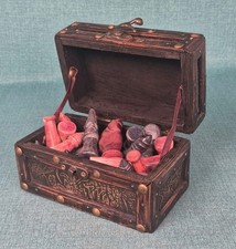 Carved Wood Treasure Chess w/Brass Accents Filled w/ Old Stone Chess Pieces picture
