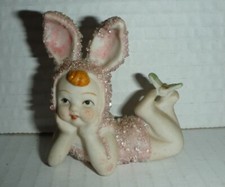Vintage Pink Sugar Snow Baby Babies Bunny Rabbit Ears Bisque Figurine Easter. picture
