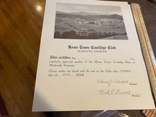 1924 DOCUMENT CALVIN COOLIDGE Home Town Club of Plymouth, Vermont w SEAL LOOK picture