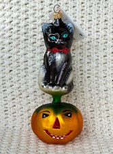 Vintage Retired Chris Radko Kitty Patch Black Cat Halloween Glass Ornament 7” picture