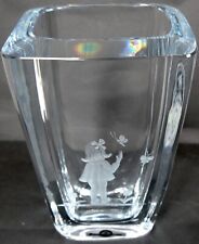 Strombergshyttan Crystal Vase Hand Blown Glass Girl Butterfly Engrave MCM Sweden picture