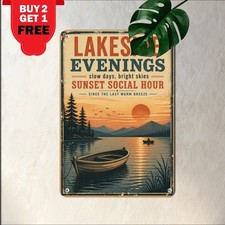 Rowboat Reflection Sunset Lake Sign Distressed Scenic Nature Metal Plaque picture