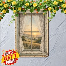 Lace Curtain Window Frame Tin Sign Rustic Farmhouse Wall Plaque 8x12 Inch picture