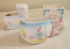 Lot of 3 Vtg RUBENS Glazed Ceramic Train Baby 3D Rattle Shaped Planter Blocks picture