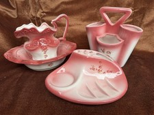 vintage pink and white porcelain bathroom accessory set picture