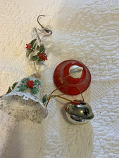 Christmas  Vintage Holiday Hanging Bell Ornaments Set of 2 Red/White Holly  picture