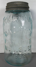 The Marion Jar Quart 1858 Mason's Patent Jar - Heavily Whittled Light Aqua picture