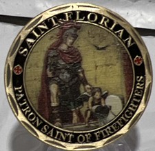 * St Florian Patron of Firefighters Challenge Coin with Fireman Badge on Reverse picture