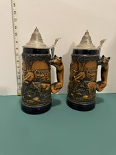 Two Vintage Antique Genuine German Pottery Beer Steins Deer with Fox Handle  picture