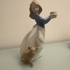 Vintage LLADRO NAO Spain #1045 Puppy's Birthday Girl with Cake & Dog 7.5