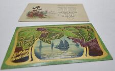2 Antique Birthday Greetings Postcards Birds Boats picture