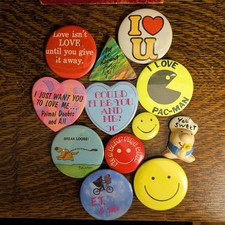Lot of 12 VINTAGE Pins - Rare Assorted 70s/80s/Love/Smiley Various Shapes Sizes picture