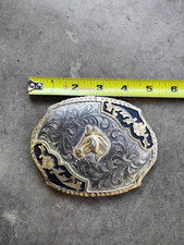 Horse Head Two Tone Ornate Western Cowboy Silver Strike Belt Buckle picture