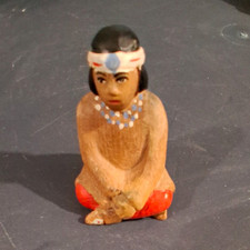 Signed 1982 Hand Painted Hand Carved Wooden Kneeling Girl Figurine, 2.5 in picture