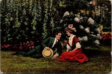 Romantic Scene Of A Couple In A Garden Victorian Romance Postcard TPR13 picture
