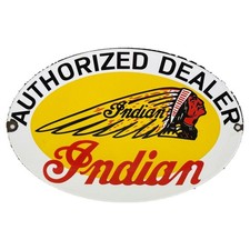 VINTAGE INDIAN MOTORCYCLE AUTHORIZED DEALER PORCELAIN SIGN OVAL HEADDRESS picture