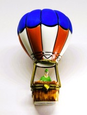 LIMOGES FRANCE BOX- 2 PIECE ATTACHED HOT AIR BALLOON - WICKER BASKET - PASSENGER picture