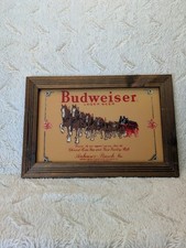 Budweiser Lager Beer Framed Horse Drawn Wagon Mirror Bar Decor Brown Vintage picture