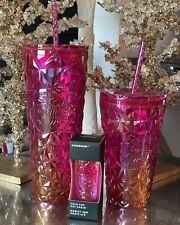 3 NWT Starbucks  Summer 2024 Ruby Metallic Iridescent Prism Tumblers & Keychain picture