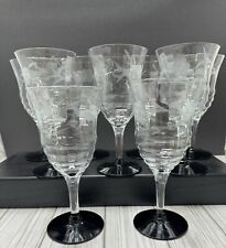 Vintage Weston Set of 9 Wine Glasses Etched Flowers Black Base picture
