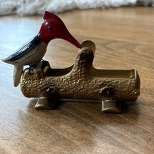 VTG 1950s Cast Iron Woodpecker On Log Toothpick Dispenser 4x3x2 Home Decor  picture