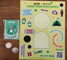 Juliette Gordon Low Girl Scout Wendy's Girl Scout pins & stickers and 2 Quarters picture