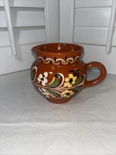 Hungarian Vintage Red Ware Pottery Mini Pitcher Hand Painted Flowers Folk Art picture