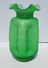 Vintage Green Satin White Cased Glass Optic Dot Raindrop Ruffle Edge Vase VIDEO picture