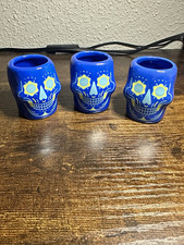 Milagro Blue Skull Ceramic Shot Glass Set, Painted Decorated 2 oz, 3pc picture