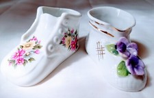 Two Vtg Porcelain Baby Shoes  White with Different Floral Designs. #M.   CT#2 picture