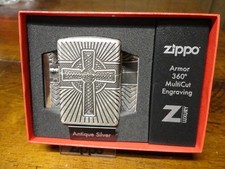 ZIPPO CELTIC CROSS 360 DEEP CARVED ARMOR ZIPPO LIGHTER MINT ANTIQUE SILVER PLATE picture