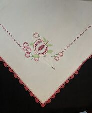 Vintage Linen Hand Embroidered Table Cloth Crocheted Edge 32” x 35” As Is picture