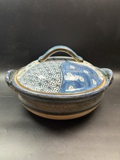 Japanese Donabe Clay Cooking Pot with Lid  Art Pottery Dish Blue White Design picture