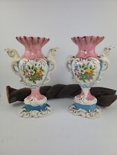 Italian Victorian Rococo Aged Ceramic Porcelain Vases Very OLD Floral VHTF Read picture