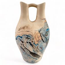 Nemadji Pottery Wedding Vase USA VTG Blue Beige Swirl 10” Signed picture
